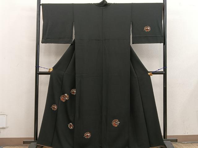 平和屋着物●訪問着 総刺繍 横笛花丸文 黒地 正絹 逸品 BAAY1413mz