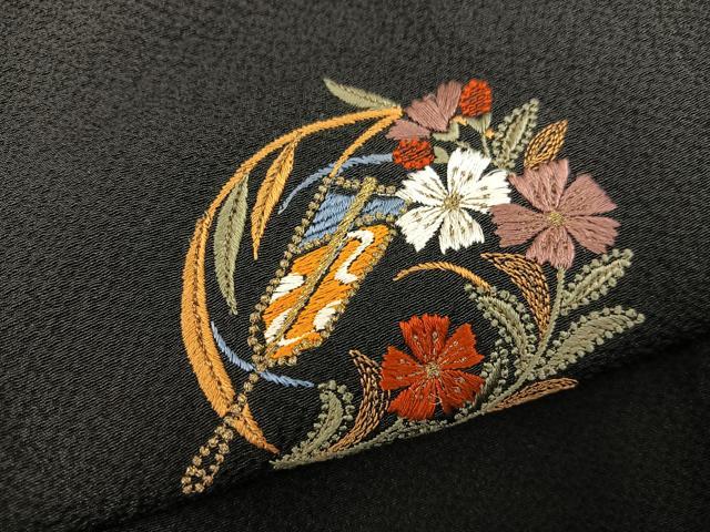 平和屋着物●訪問着 総刺繍 横笛花丸文 黒地 正絹 逸品 BAAY1413mz