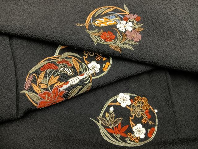平和屋着物●訪問着 総刺繍 横笛花丸文 黒地 正絹 逸品 BAAY1413mz