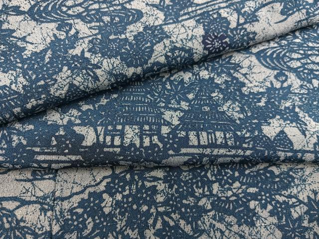 平和屋着物●上質な小紋 藍 型染め 風景花文 お召縮緬 正絹 逸品 BAAY1465mz