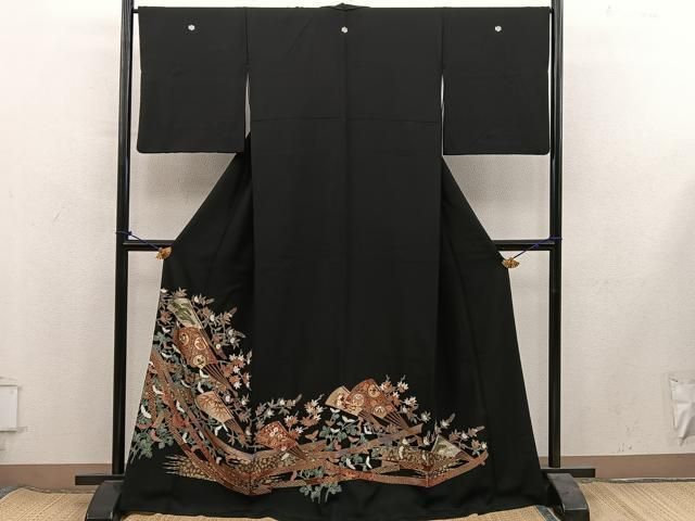 平和屋着物■豪華黒留袖 扇面宝尽し花文 金彩 正絹 逸品 BAAY1795mz