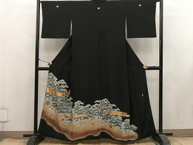 平和屋着物■豪華黒留袖 駒刺繍 宝尽し松文 萬寿染 暈し染め 金彩 正絹 逸品 BAAY1798mz