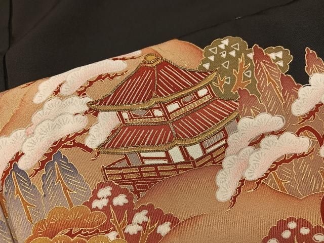 平和屋着物■豪華黒留袖 駒刺繍 風景文 金彩 正絹 逸品 BAAY1801mz