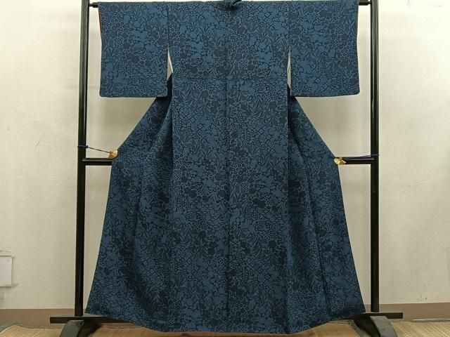平和屋着物■上質な小紋 藍 型染め 草花文 鬼しぼ縮緬 正絹 逸品 BAAY1870mz