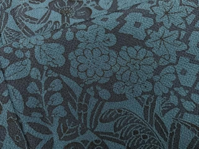 平和屋着物■上質な小紋 藍 型染め 草花文 鬼しぼ縮緬 正絹 逸品 BAAY1870mz