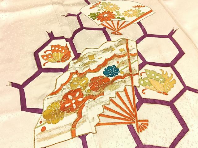 平和屋着物■訪問着 駒刺繍 扇面花蝶文 金彩 正絹 逸品 BAAY3036hj