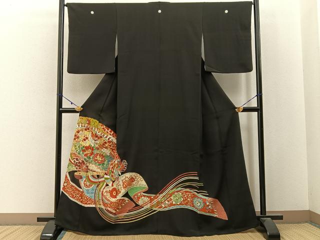 平和屋着物■豪華黒留袖 駒刺繍 檜扇花鳥文 金彩 正絹 逸品 BAAY3087hj