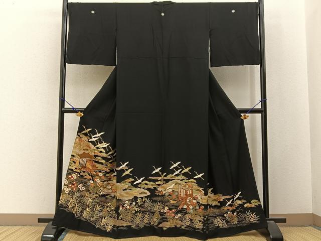 平和屋着物■豪華黒留袖 駒刺繍 飛鶴風景文 金彩 正絹 逸品 BAAY3094hj
