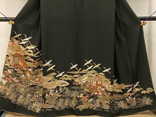 平和屋着物■豪華黒留袖 駒刺繍 飛鶴風景文 金彩 正絹 逸品 BAAY3094hj