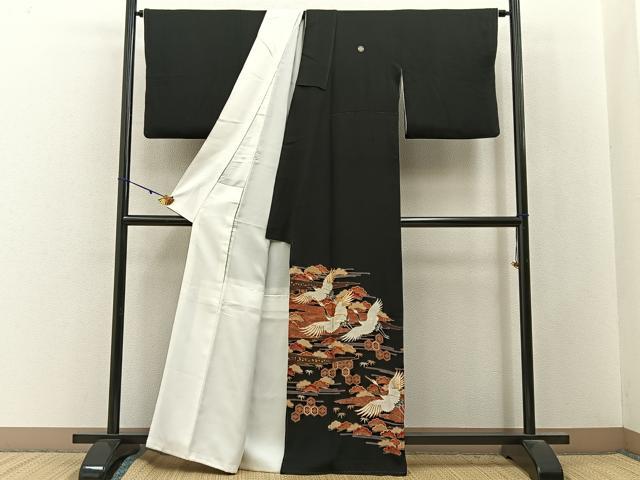 平和屋着物■豪華黒留袖 駒刺繍 飛鶴浜松文 金彩 正絹 逸品 BAAY3095hj