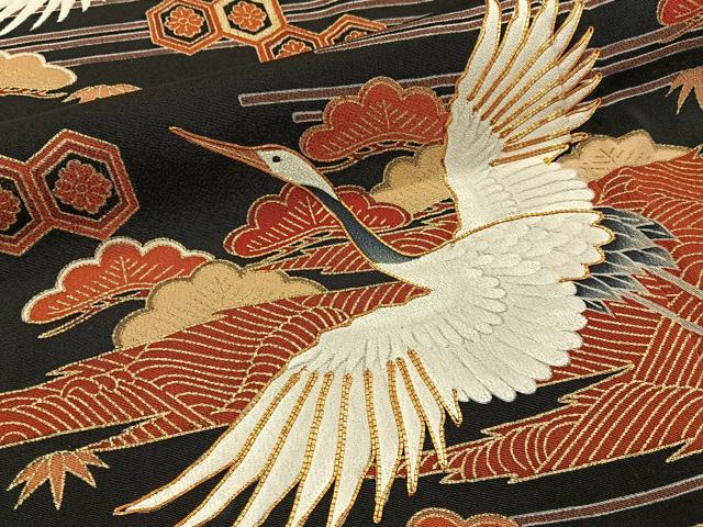 平和屋着物■豪華黒留袖 駒刺繍 飛鶴浜松文 金彩 正絹 逸品 BAAY3095hj