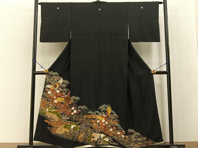 平和屋着物■豪華黒留袖 駒刺繍 飛鶴扇面花文 金彩 正絹 逸品 BAAY3114hj