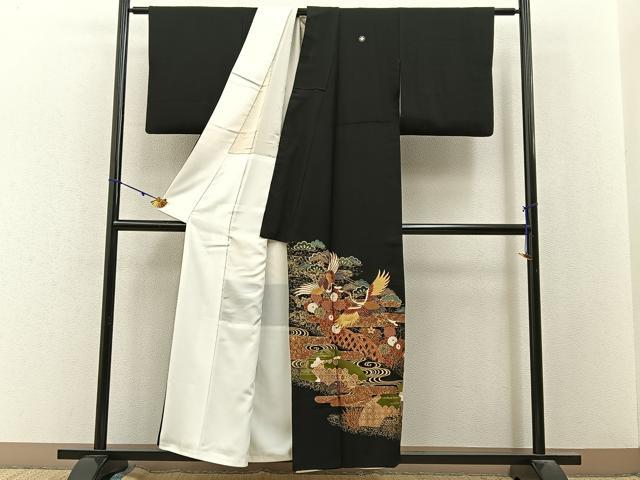 平和屋着物■豪華黒留袖 駒刺繍 飛鶴扇面花文 金彩 正絹 逸品 BAAY3114hj