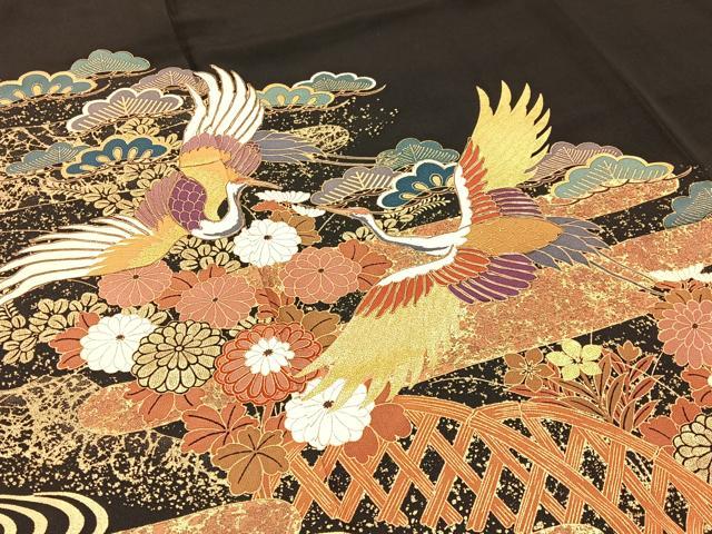 平和屋着物■豪華黒留袖 駒刺繍 飛鶴扇面花文 金彩 正絹 逸品 BAAY3114hj