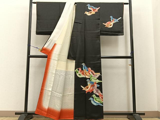 平和屋着物■訪問着 刺繍 群鳥 黒地 正絹 逸品 未使用 BAAY3158hj