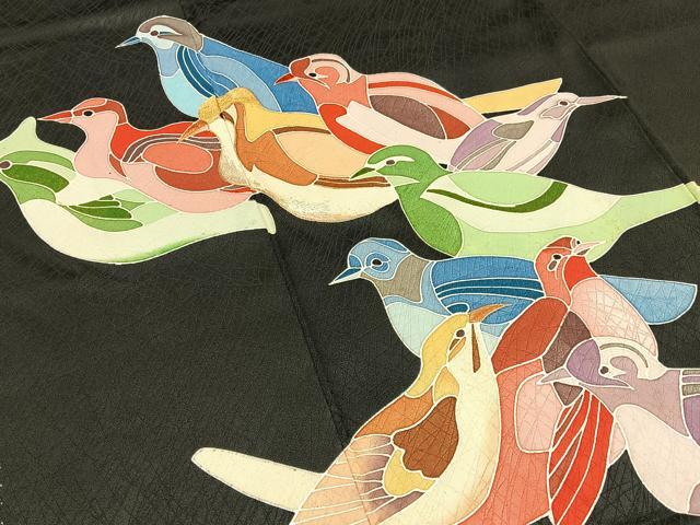 平和屋着物■訪問着 刺繍 群鳥 黒地 正絹 逸品 未使用 BAAY3158hj