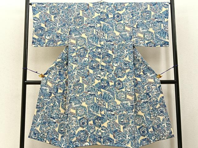 平和屋着物■男性 小紋 花絵皿 正絹 逸品 BAAY3186hj