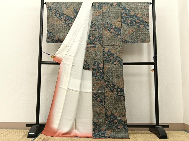 平和屋着物■上質な小紋 切嵌更紗花唐草文 ロング丈 正絹 逸品 未使用 BAAY3190hj