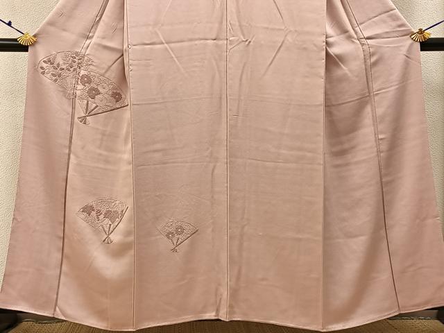 平和屋着物■中国三大刺繍 総相良刺繍 無地絵羽訪問着 扇面花文 灰桜色 正絹 逸品 BAAY3220hj