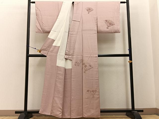 平和屋着物■中国三大刺繍 総相良刺繍 無地絵羽訪問着 扇面花文 灰桜色 正絹 逸品 BAAY3220hj