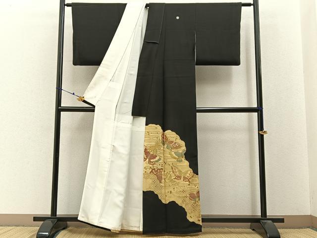 平和屋着物■豪華黒留袖 駒刺繍 有職舞蝶文 金彩 正絹 逸品 BAAY3226hj
