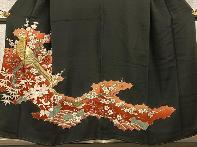 平和屋着物■豪華黒留袖 刺繍 尾長鶏花文 金彩 正絹 逸品 BAAY3254hj