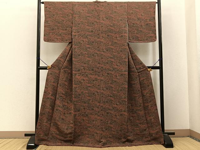 平和屋着物■上質な小紋 型染め 草花文 鬼しぼ縮緬 ロング丈 正絹 逸品 BAAY3256hj