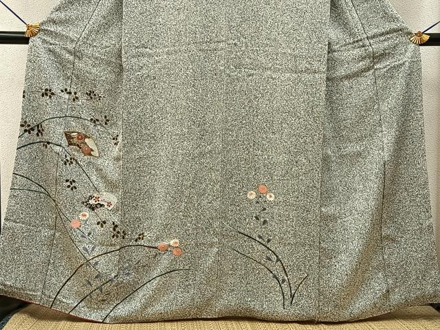 平和屋着物■訪問着 駒刺繍 扇面草花文 たたき染め 黒地 金彩 正絹 逸品 BAAY3305hj