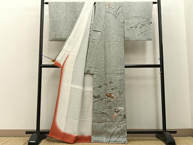 平和屋着物■訪問着 駒刺繍 扇面草花文 たたき染め 黒地 金彩 正絹 逸品 BAAY3305hj