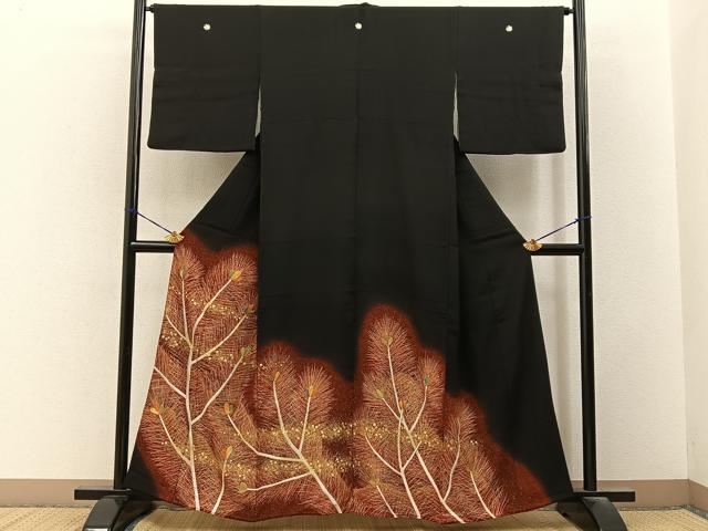 平和屋着物■豪華黒留袖 駒刺繍 若松葉 金彩 正絹 逸品 BAAY3326hj