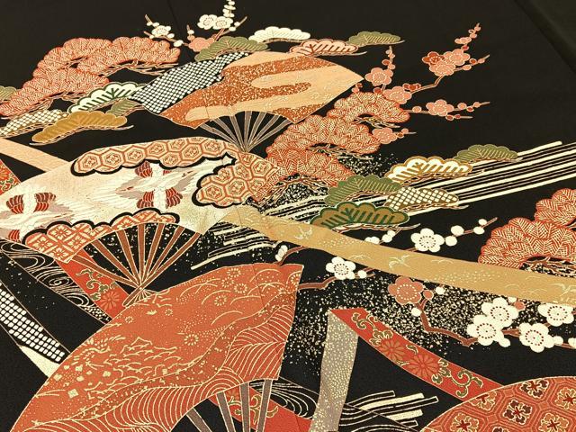 平和屋着物■豪華黒留袖 双鶴扇面花文 金彩 正絹 逸品 BAAY3333hj