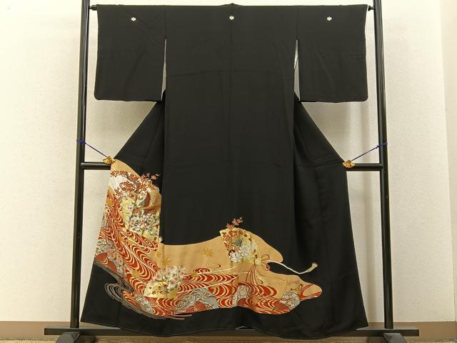 平和屋着物■豪華黒留袖 尾長鶏檜扇花文 金彩 正絹 逸品 BAAY3348hj