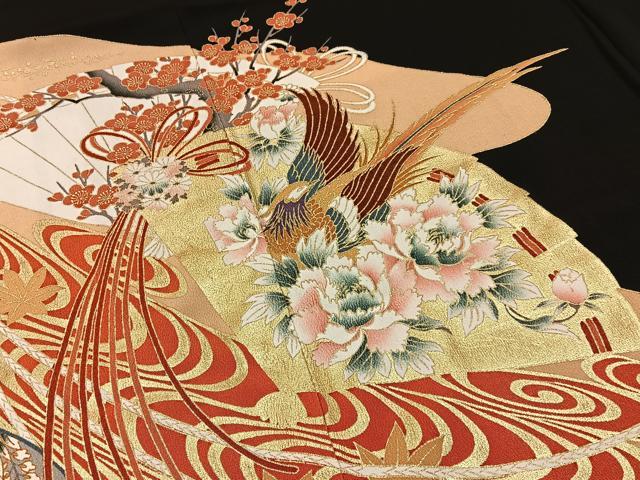 平和屋着物■豪華黒留袖 尾長鶏檜扇花文 金彩 正絹 逸品 BAAY3348hj