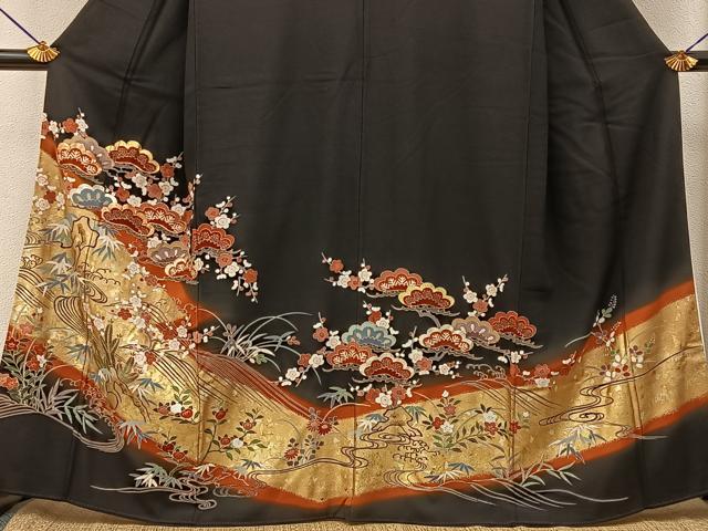 平和屋着物■豪華黒留袖 駒刺繍 松竹梅 流水花文 金銀彩 正絹 逸品 BAAY3372hj