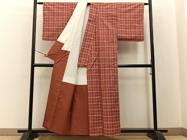 平和屋着物■上質な紬 格子柄 正絹 逸品 BAAY3393hj