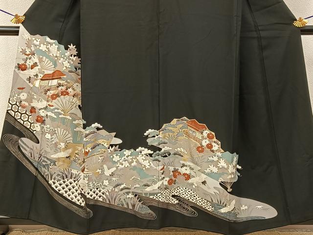 平和屋着物■豪華黒留袖 飛鶴扇面風景文 金彩 正絹 逸品 BAAY3502hj