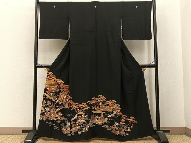平和屋着物■豪華黒留袖 駒刺繍 飛鶴御所車文 金彩 正絹 逸品 BAAY3522hj