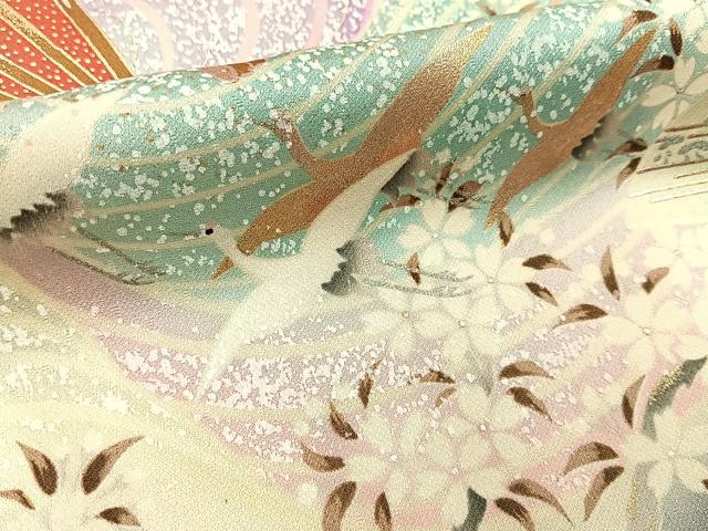 平和屋着物■豪華振袖 飛鶴扇面花文 暈し染め 金銀彩 正絹 逸品 BAAY3534hj