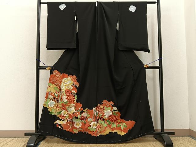 平和屋着物■豪華黒留袖 駒刺繍 御所車花文 金彩 仮絵羽 正絹 逸品 未使用 BAAY3538hj