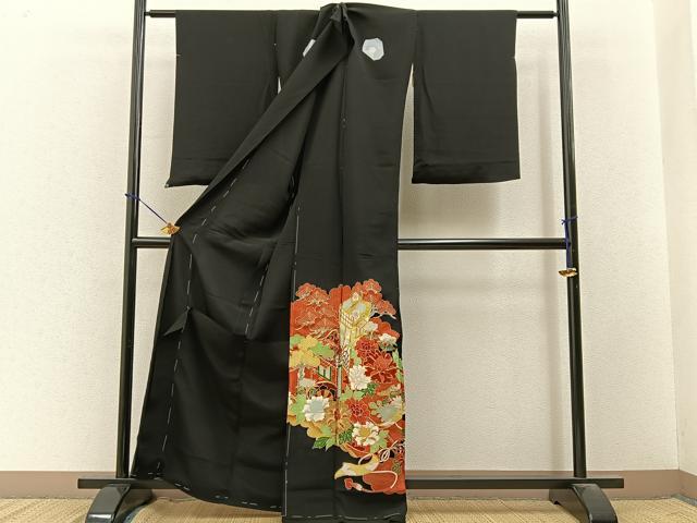 平和屋着物■豪華黒留袖 駒刺繍 御所車花文 金彩 仮絵羽 正絹 逸品 未使用 BAAY3538hj