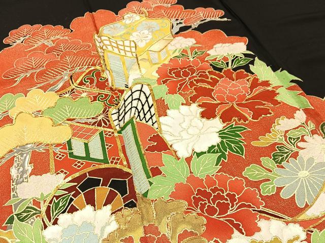 平和屋着物■豪華黒留袖 駒刺繍 御所車花文 金彩 仮絵羽 正絹 逸品 未使用 BAAY3538hj