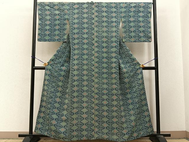 平和屋着物■上質な小紋 型染め 双鶴花菱文 お召縮緬 正絹 逸品 BAAY3565hj