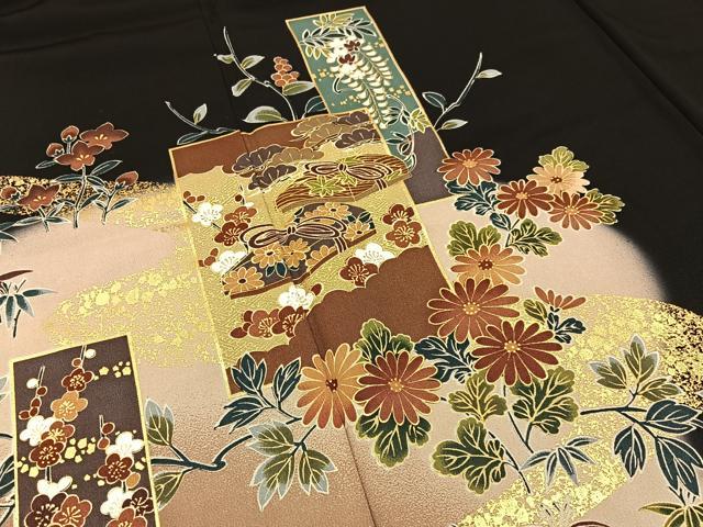 平和屋着物■黒留袖 文箱楽器花文 暈し染め 金彩 洗える着物 BAAY3594hj