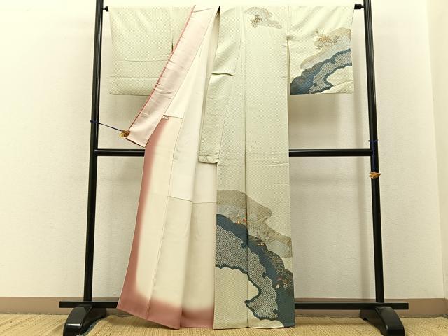 平和屋着物●訪問着 駒刺繍 絞り 秋草文 金彩 正絹 逸品 BAAY3623hj