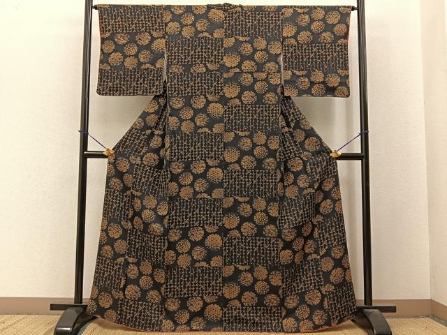 平和屋着物●上質な小紋 雪輪草花文 黒地 正絹 逸品 BAAY3631hj