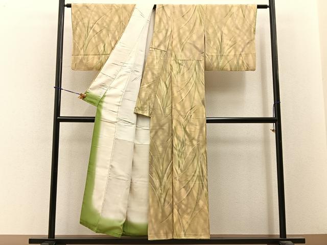 平和屋着物●上質な小紋 地紋起こし 草葉文 暈し染め 正絹 逸品 BAAY3671hj