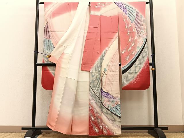 平和屋着物■豪華振袖 刺繍 孔雀 暈し染め 金銀彩 正絹 逸品 BAAY3674hj