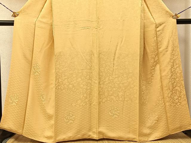 平和屋着物●無地絵羽訪問着 草花丸地紋 蜂蜜色 ほていや扱い 正絹 逸品 BAAY3678hj