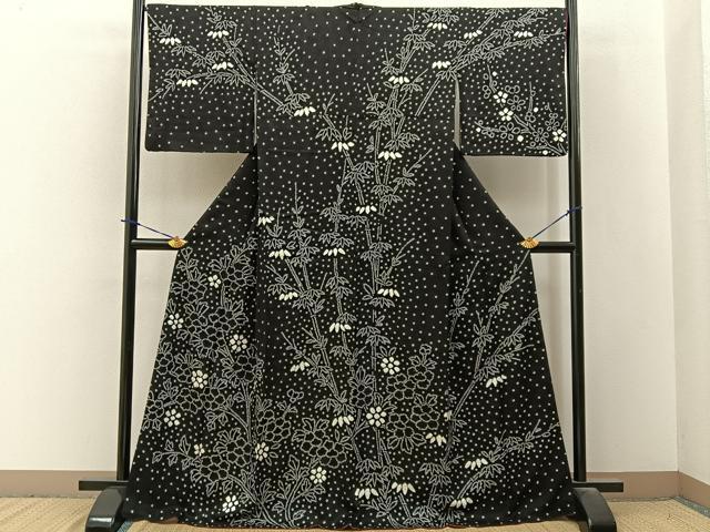 平和屋着物●訪問着 総絞り 笹花文 黒地 正絹 逸品 BAAY3769hj