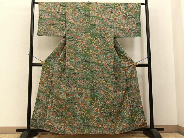 平和屋着物■上質な小紋 風景花鳥文 金彩 鬼しぼ縮緬 正絹 逸品 未使用 BAAY3776hj